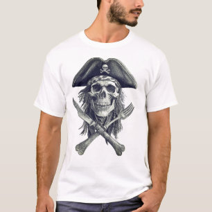 Camiseta Crânio Pirata B&W com Faca e Forte Cruzada