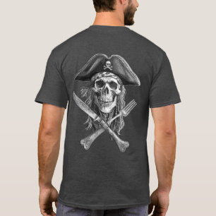 Camiseta Crânio Pirata B&W com Faca e Forte Cruzada