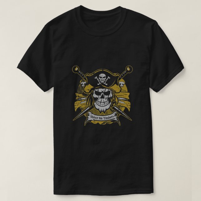 Camiseta Crânio Pirata com Grin assustador / Madeira de Shi (Frente do Design)