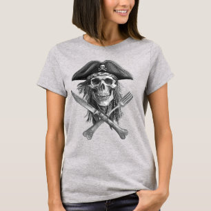 Camiseta Crânio Pirata Preto e Branco com Utensílios para L