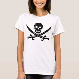 Camiseta Crânio Pirata Simples Sorridente com Espadas Cruza