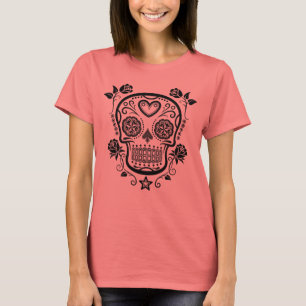 Camiseta Crânio preto do açúcar com rosas