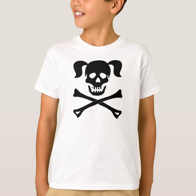 Camiseta Crânio preto e Crossbones da menina com tranças (Frente)