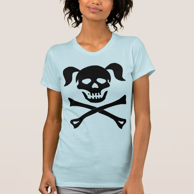 Camiseta Crânio preto e Crossbones da menina com tranças (Frente)