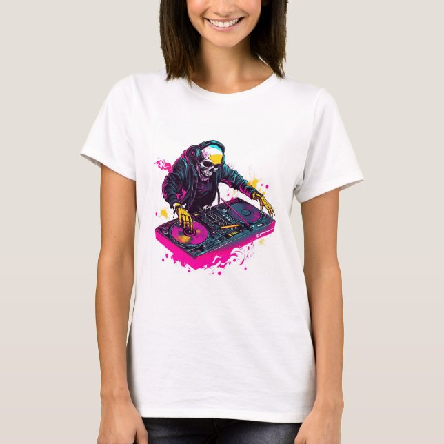 Camiseta Crânio Rave � Esqueleto de Festa EDM DJ (Frente)