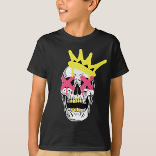 Camiseta Crânio Real: Coroa Artística Rosa com X nos Olhos