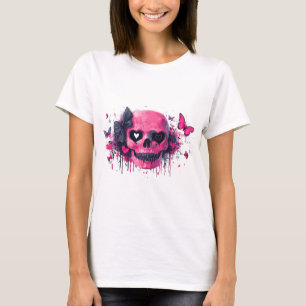 Camiseta Crânio rosa com borboletas e corações