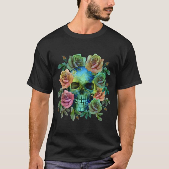 CAMISETA CRÂNIO VERDE MORTE COM FLORES (Frente)