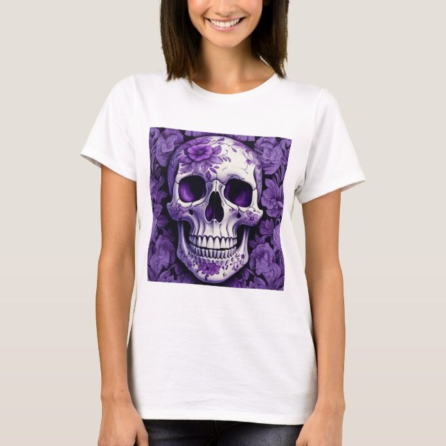 Camiseta Crânio violeta floral 3D com flores violetas (Frente)