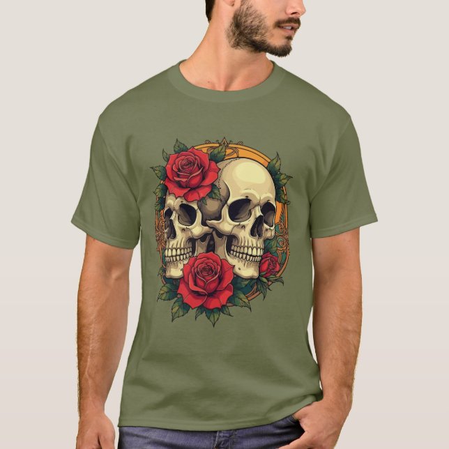 Camiseta Crânios com Rosas Vermelhas (Frente)