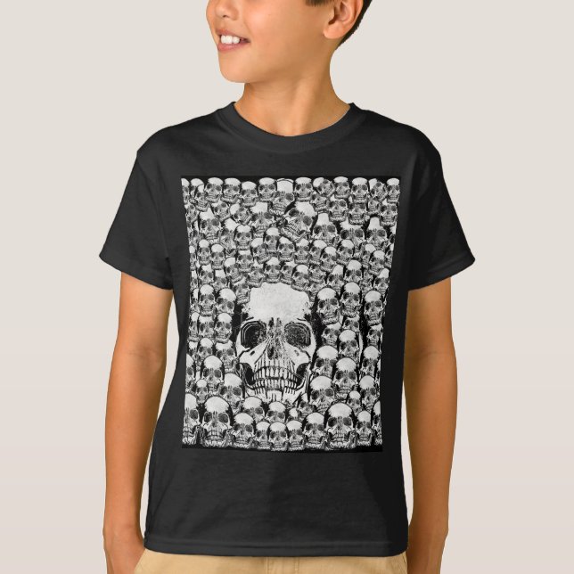 CAMISETA CRÂNIOS PAREDE MORTE MORTOS ESQUELETO PRETO BRANCO (Frente)