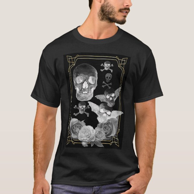 Camiseta Crânios voadores e rosas góticos (Frente)