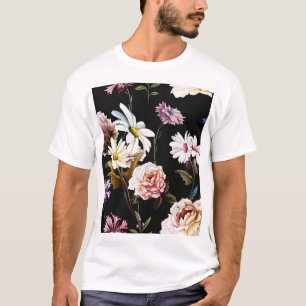 Camiseta Cravo, flores de camomila, padrão preto.