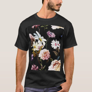 Camiseta Cravo, flores de camomila, padrão preto.