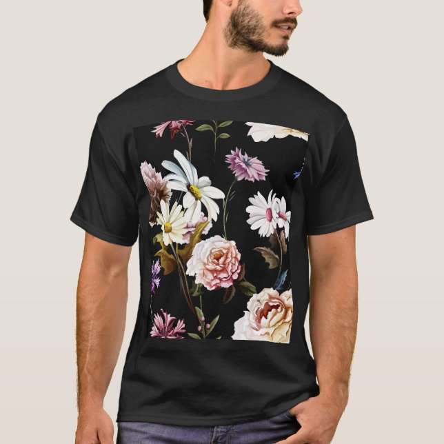 Camiseta Cravo, flores de camomila, padrão preto. (Frente)