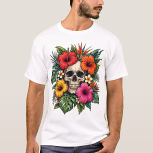 Camiseta Cravo Tropical Floral Skull Vibrante Botânico Hava