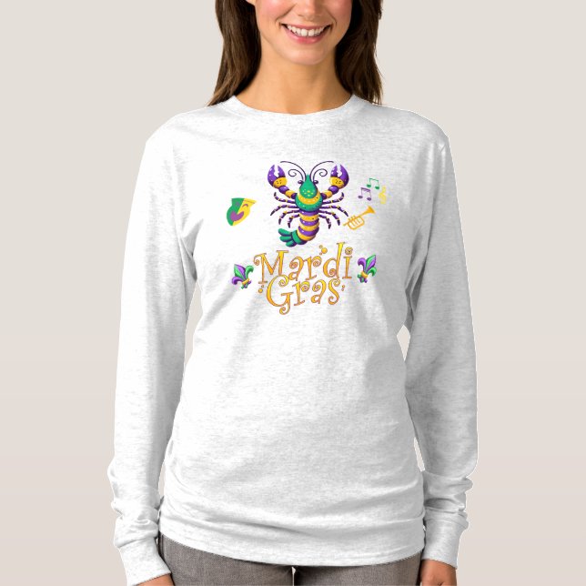 Camiseta Crayfish/trompet/mask/fleur de lis Mardi Gras (Frente)