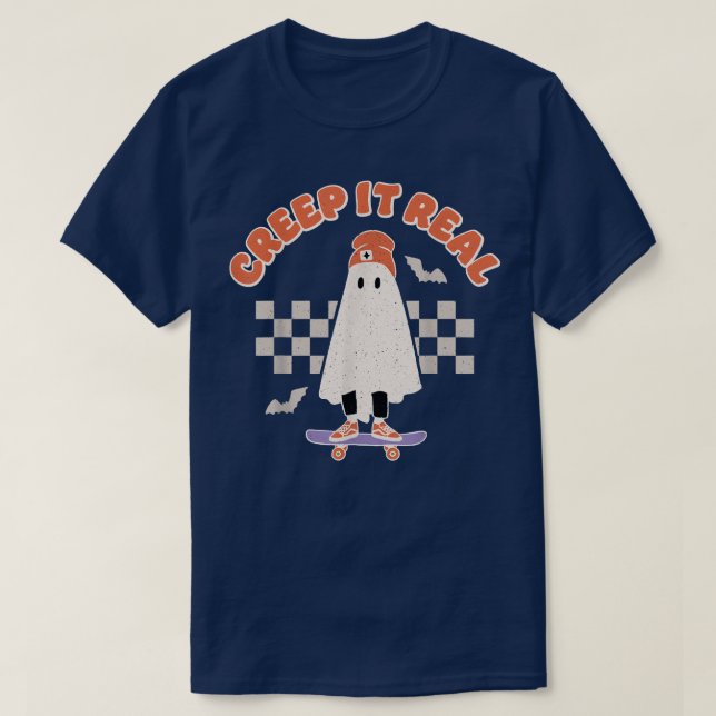 Camiseta Creep It Real Ghost Skateboard Halloween Bat Check (Frente do Design)