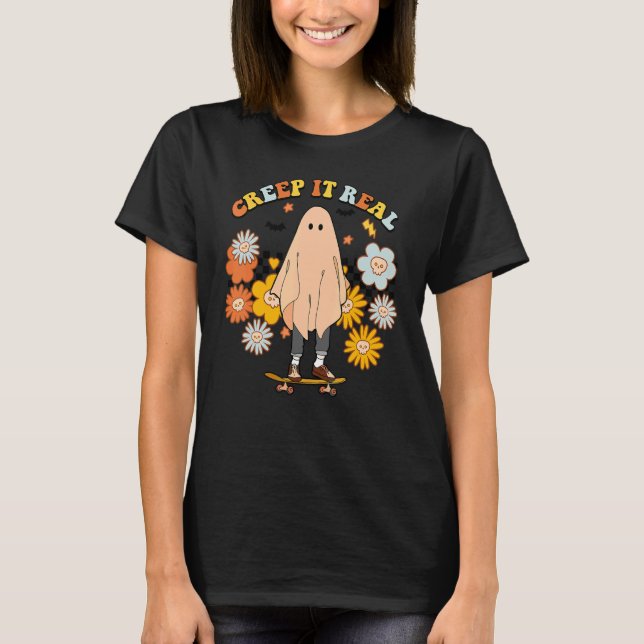Camiseta Creep It Real Halloween Ghost Spooky Retro Groovy (Frente)