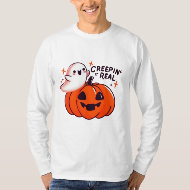 Camiseta Creepin’ It Real - Friendly Ghost & Pumpkin (Frente)
