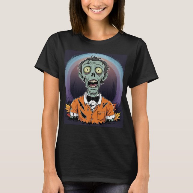 Camiseta Creepy Cartoon Zombie in Orange Halloween Shirt (Frente)