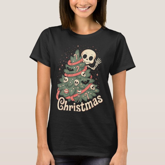 Camiseta Creepy Cute Kawaii Skeleton Christmas Tree Skull B (Frente)