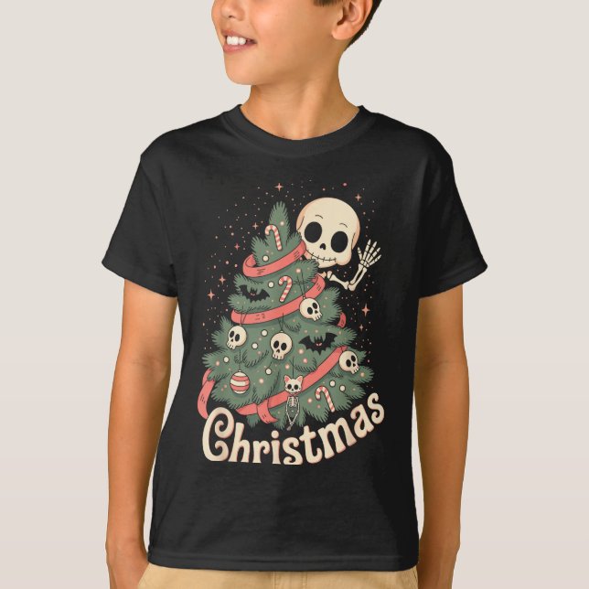 Camiseta Creepy Cute Kawaii Skeleton Christmas Tree Skull B (Frente)