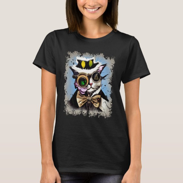 Camiseta Creepy Illuminati Cat Cyborg Monocle Steam Cat Pun (Frente)