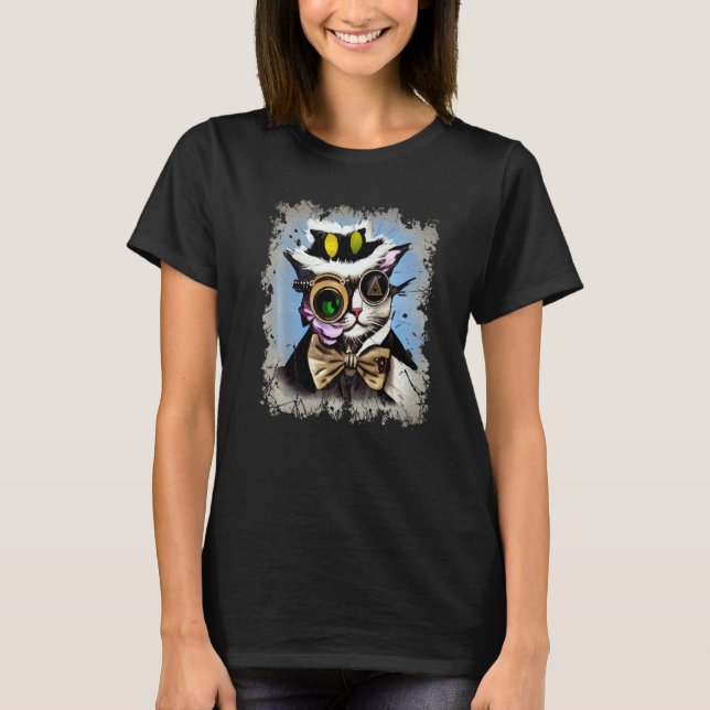 Camiseta Creepy Illuminati Cat Cyborg Monocle Steam Cat Pun (Frente)