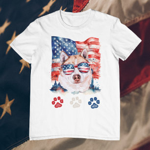 Camiseta Creme Vermelho Branco Husky Siberiano 4 de Julho