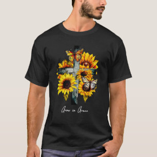 Camiseta Cresce em Grace Cross Sunflower Butterflies Christ