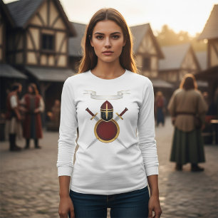 Camiseta Crestas de Cavaleiro Medieval Capacete Espadas Esc