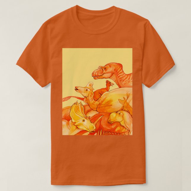 Camiseta cretácea congregação - dinossauro amarelo alaranja (Frente do Design)