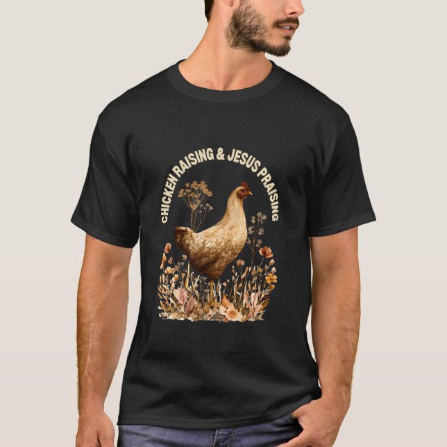 Camiseta Criação de Frango Louvando Jesus Fé Boho Flores  (Frente)