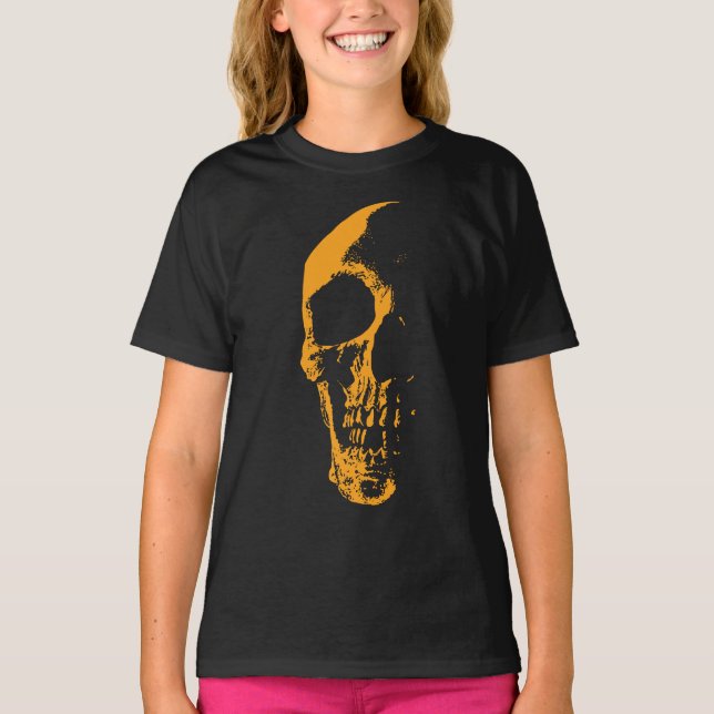 Camiseta Criação de Tinta Laranja Iluminada do Crânio (Frente)