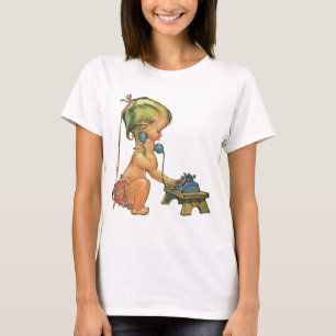 Camiseta Criança Antiga Fofa Menina Loira Falando no Telefo