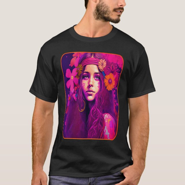 Camiseta Criança Hippie A Rosa Com Flores No Seu Relatório  (Frente)