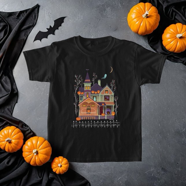 Camiseta Criança Negra do Halloween Haunted House (Criador carregado)
