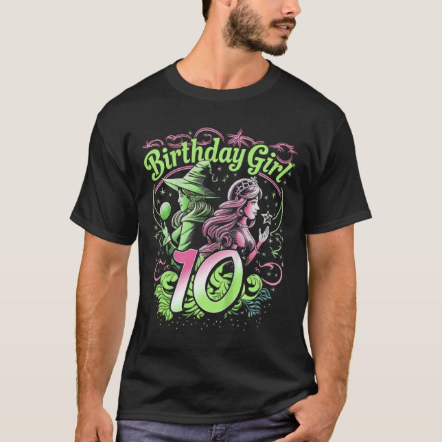 Camiseta Crianças 10º aniversário Bruxa rosa e verde 10 ano (Frente)