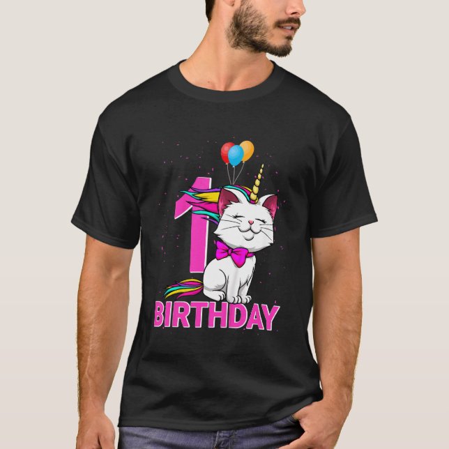 Camiseta Crianças 1 Garota de Aniversário Caticorn Amor de  (Frente)