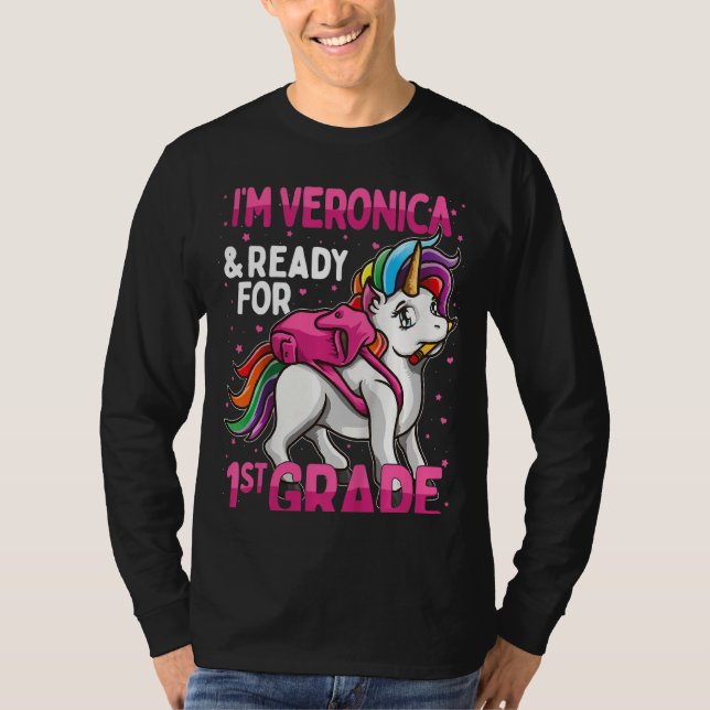 Camiseta Crianças 1rua Grader Unicorn Eu sou Veronica e est (Frente)