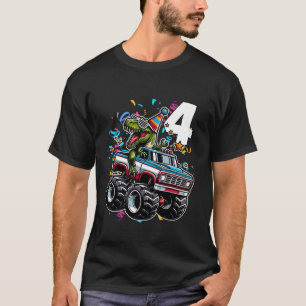 Camiseta Crianças 4º Aniversário Caminhão Dino Monstro T Re