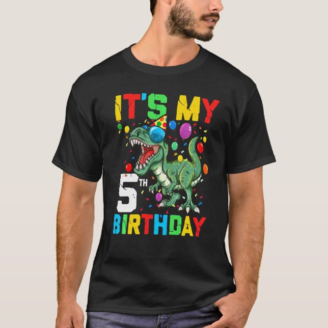 Camiseta Crianças 5 anos Dinossauro É meu 5 Aniversário Fel (Frente)