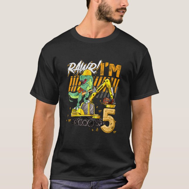 Camiseta Crianças 5 anos Escavadora de Construção de Dinoss (Frente)