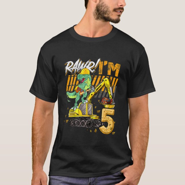 Camiseta Crianças 5 anos Escavadora de Construção de Dinoss (Frente)