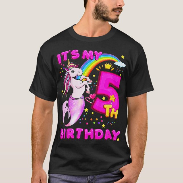 Camiseta Crianças 5 Birthday Unicorn Mermicorn Sereia Para (Frente)