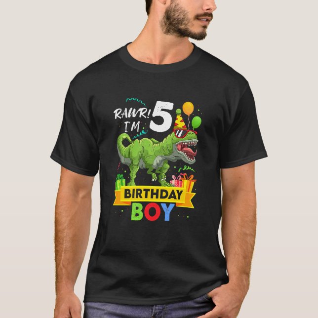 Camiseta Crianças 5 Crianças Garoto De 5 Anos Dinossauro Re (Frente)