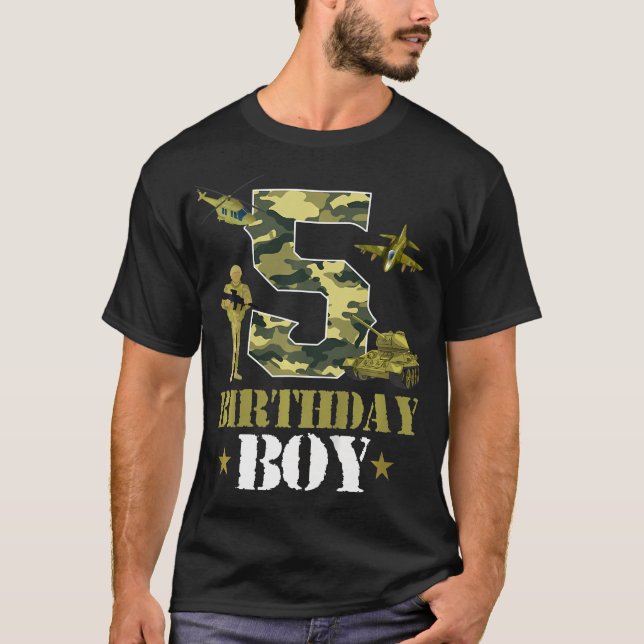 Camiseta Crianças 5 de Aniversário Militares Themed Camo Bo (Frente)
