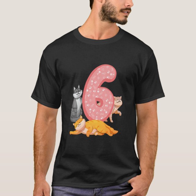 Camiseta Crianças, 6, Aniversário, Gato Rosa, Pata de Gato, (Frente)