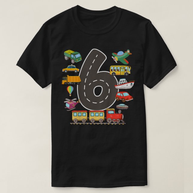 Camiseta Crianças 6 anos Transporte Aniversário 6 Boys a (Frente do Design)